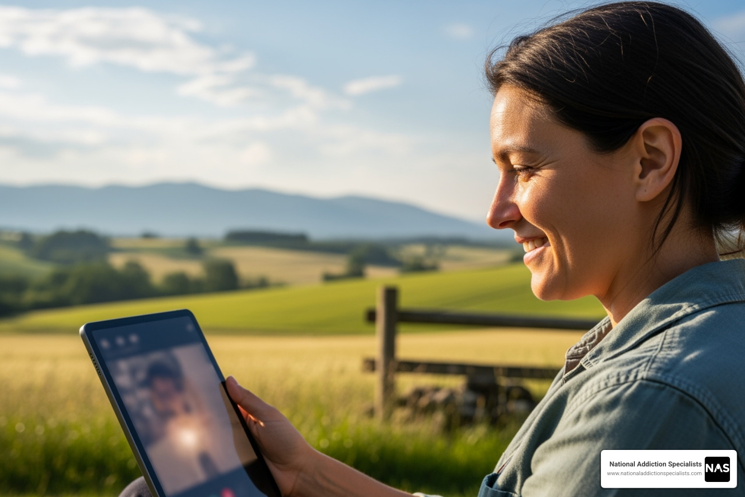 person in a rural setting accessing care on a tablet, looking relieved - telemedicine addiction treatment person in a rural setting accessing care on a tablet, looking relieved - telemedicine addiction treatment