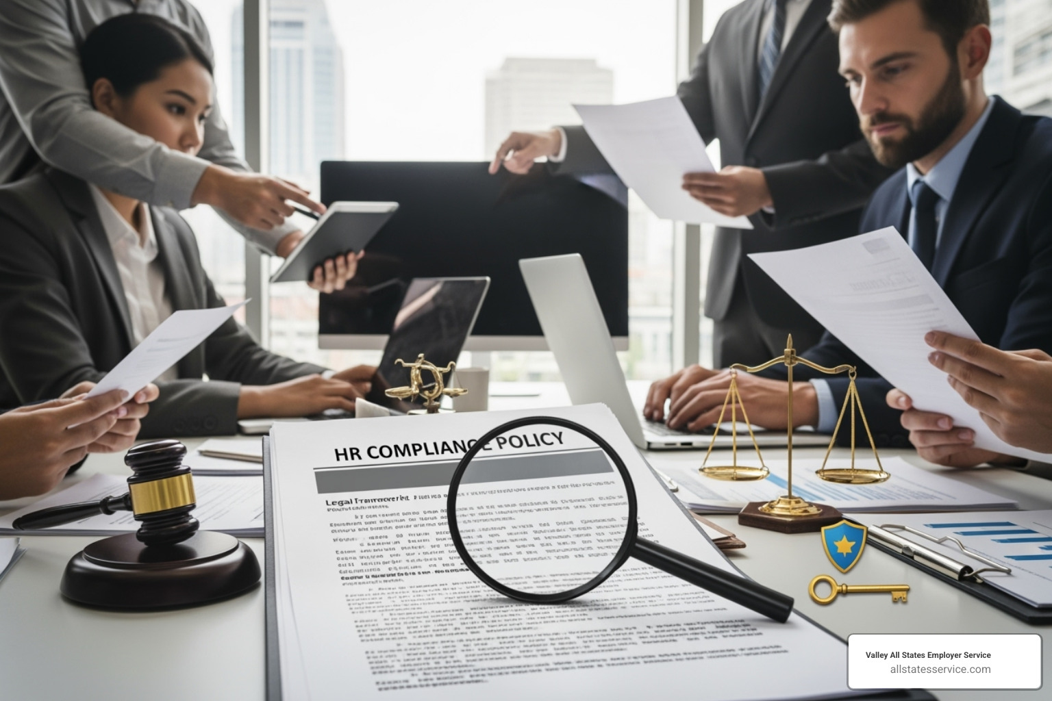 Magnifying glass over a document with red flags on it - Human resources compliance