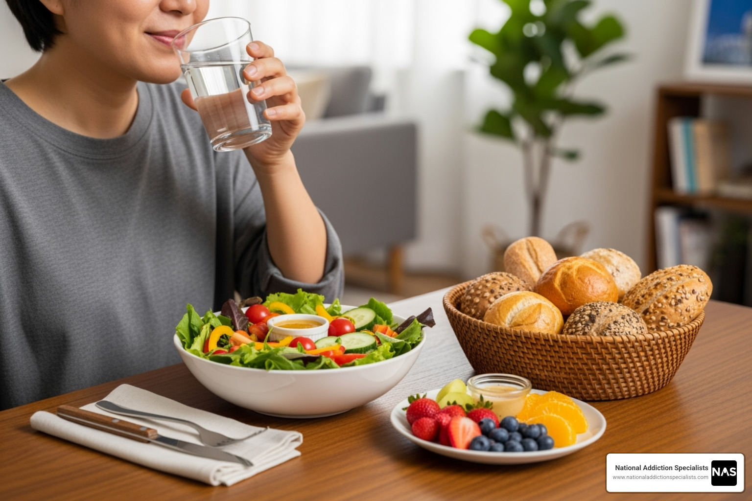 person drinking water next to a healthy meal - Opioid treatment at home person drinking water next to a healthy meal - Opioid treatment at home