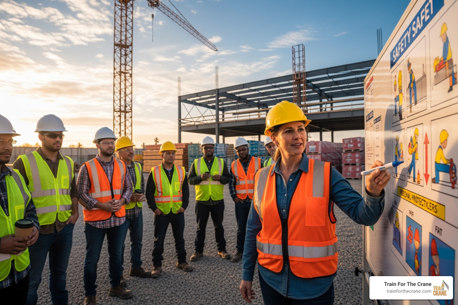 A safety director leading a "toolbox talk" with a diverse group of construction workers, pointing to a safety diagram on a whiteboard. - construction safety director