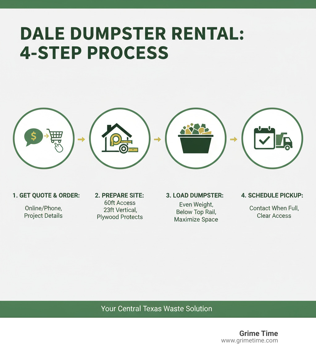 Infographic showing the 4-step dumpster rental process: Step 1 - Get Quote and Place Order (online or by phone, provide project details), Step 2 - Prepare Delivery Site (ensure 60ft clear access, 23ft vertical clearance, protect driveway with plywood), Step 3 - Load Dumpster (distribute weight evenly, keep materials below top rail, maximize space efficiently), Step 4 - Schedule Pickup (contact provider when full, ensure clear access for removal truck) - dumpster rental Dale infographic 
