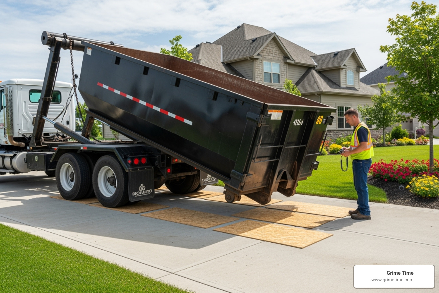Dumpster being carefully delivered onto a driveway with plywood for protection - dumpster rental Dale