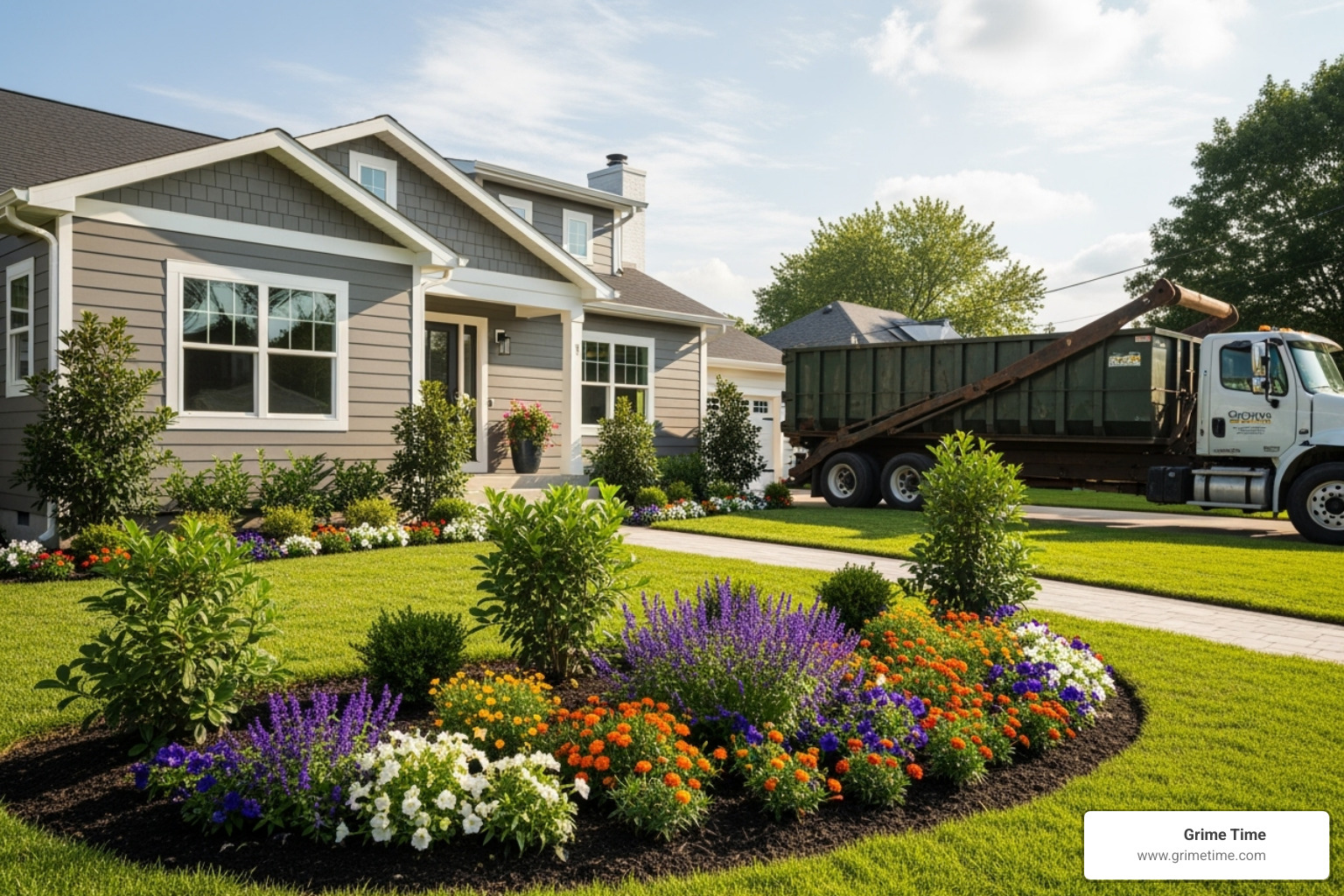 Completed home renovation project with a clean yard and a dumpster being hauled away - dumpster rental Dale