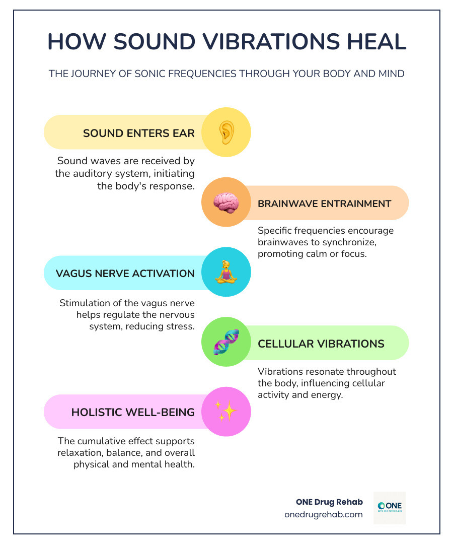 Infographic showing how sound vibrations travel through the body: sound waves enter the ear, trigger brainwave entrainment in the brain, activate the vagus nerve, and create cellular vibrations throughout the body, with arrows indicating the flow and labels for each stage including frequency measurements in Hertz - sonic healing frequencies infographic infographic-line-5-steps-colors Infographic showing how sound vibrations travel through the body: sound waves enter the ear, trigger brainwave entrainment in the brain, activate the vagus nerve, and create cellular vibrations throughout the body, with arrows indicating the flow and labels for each stage including frequency measurements in Hertz - sonic healing frequencies infographic infographic-line-5-steps-colors