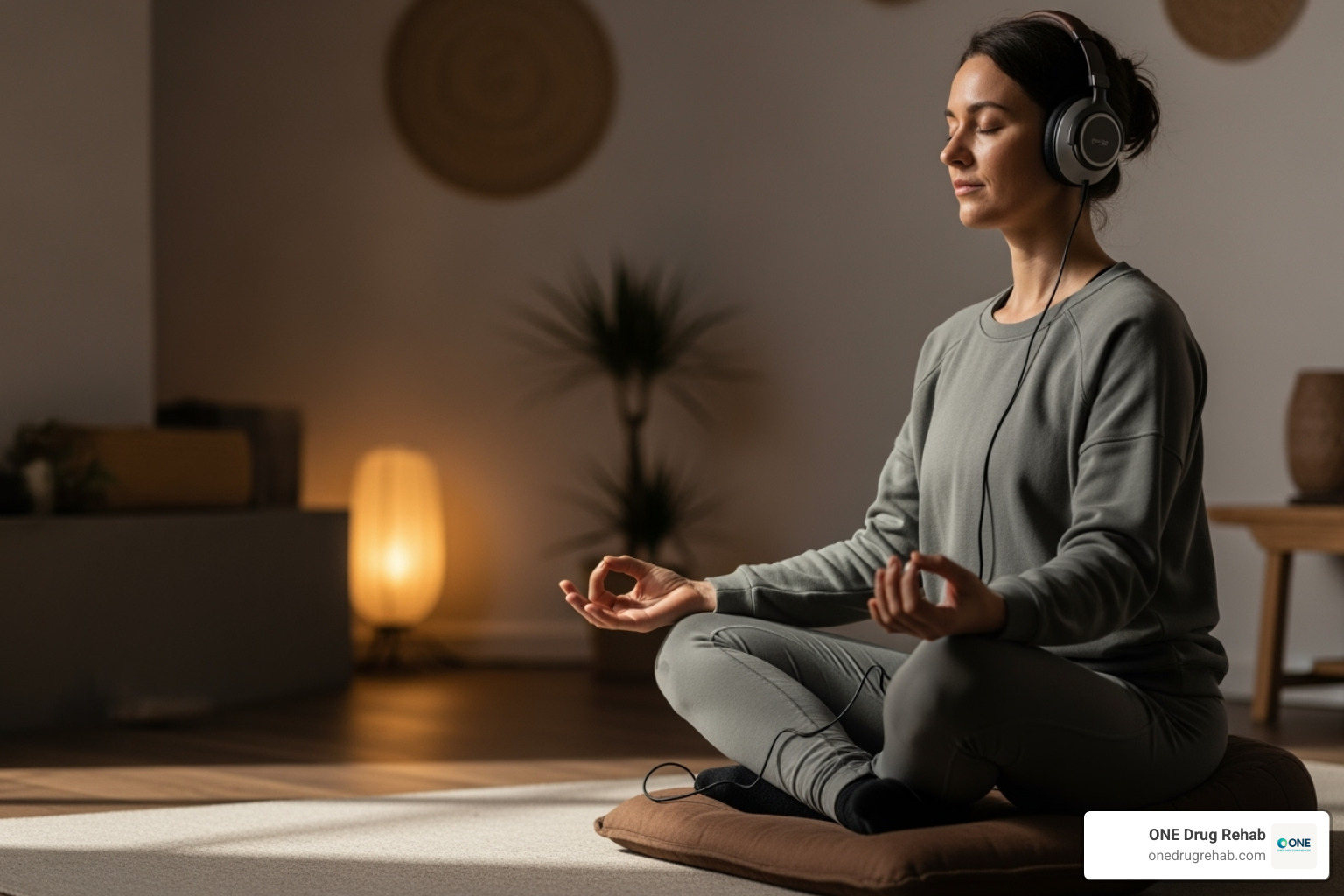 A person meditating with high-quality headphones on, in a serene, softly lit room, holding their hands in a mudra - sonic healing frequencies A person meditating with high-quality headphones on, in a serene, softly lit room, holding their hands in a mudra - sonic healing frequencies
