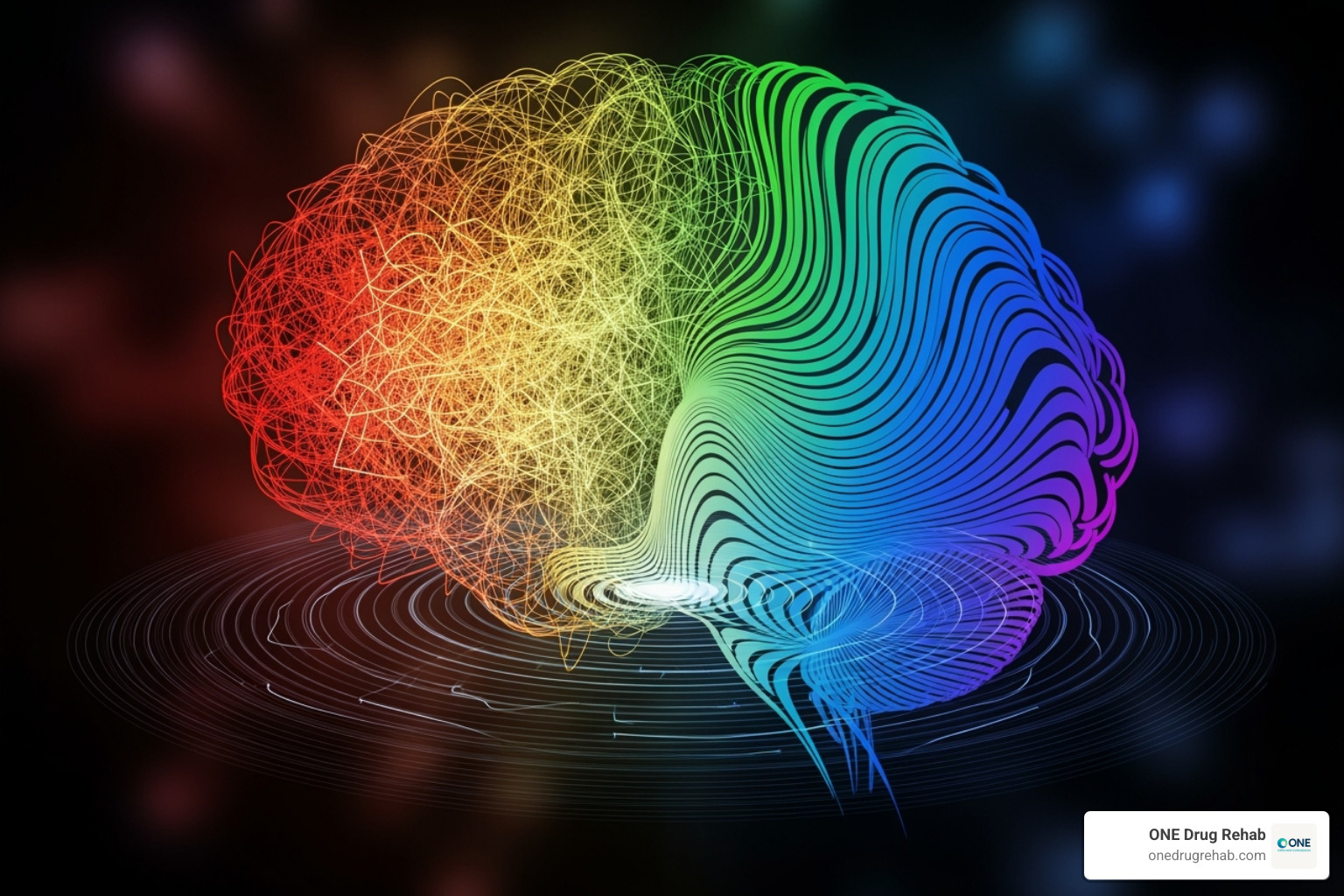 Image depicting brainwaves shifting from chaotic, high-frequency patterns to more organized, lower-frequency patterns in response to calm, resonant sound waves - sonic healing frequencies Image depicting brainwaves shifting from chaotic, high-frequency patterns to more organized, lower-frequency patterns in response to calm, resonant sound waves - sonic healing frequencies