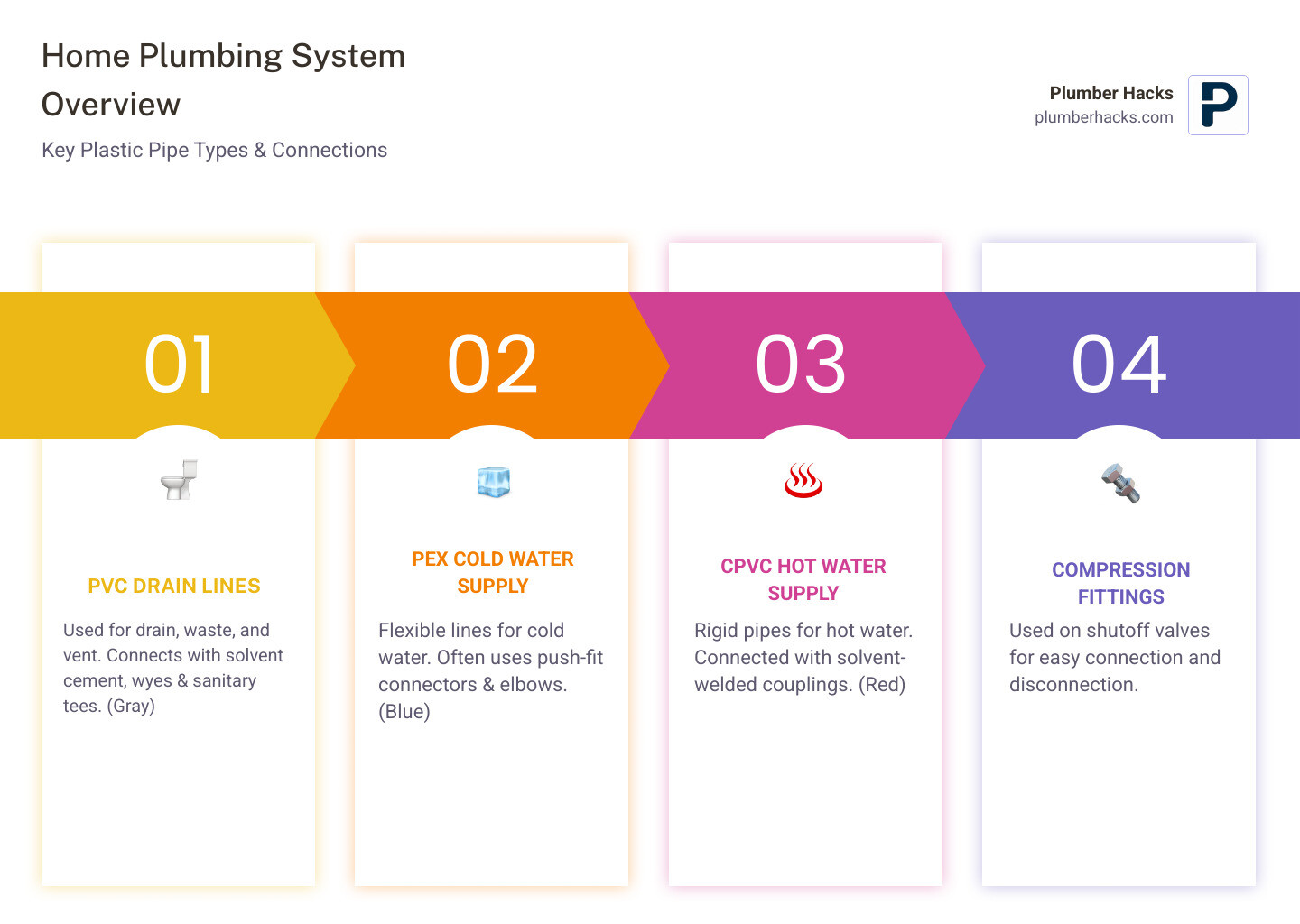 infographic showing a cross-section home plumbing system with labeled plastic pipe fittings including PVC drain pipes with wyes and sanitary tees, PEX water supply lines with push-fit connectors and elbows, CPVC hot water pipes with solvent-welded couplings, and compression fittings on shutoff valves, with color-coded pipes for hot water red, cold water blue, and drain pipes gray - plastic pipe fittings how to use infographic pillar-4-steps