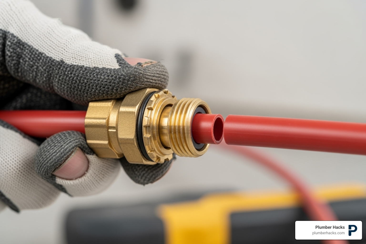 push-fit fitting being installed on PEX pipe - plastic pipe fittings how to use