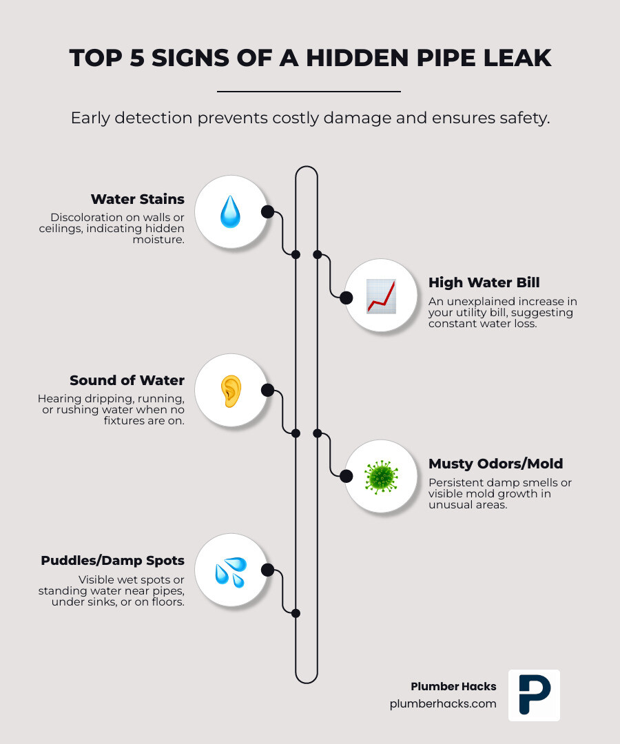 Infographic showing the 5 warning signs of a pipe leak: water stains on walls or ceilings, unexplained increase in water bills, sound of running water when fixtures are off, musty odors or visible mold growth, and puddles or damp spots under sinks or around pipes - Pipe leak repair infographic infographic-line-5-steps-elegant_beige