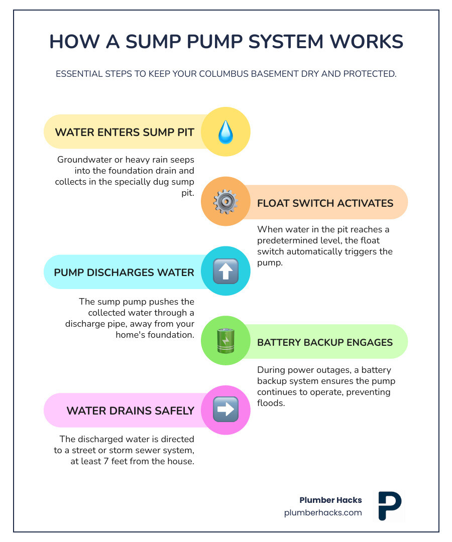 Infographic showing how a sump pump system works: 1) Water enters through foundation drain into sump pit, 2) Float switch activates pump when water reaches set level, 3) Pump pushes water through discharge pipe away from home foundation, 4) Battery backup activates during power outages, 5) Water drains to street/storm sewer system at least 7 feet from house - Sump pump installation Columbus infographic infographic-line-5-steps-colors