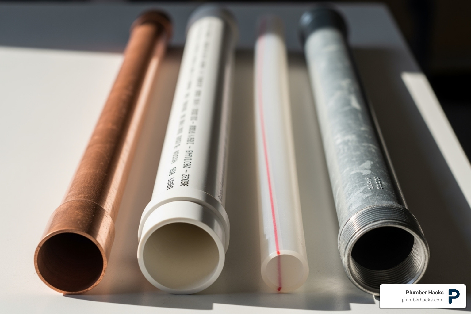 different pipe materials side-by-side - Pipe leak repair