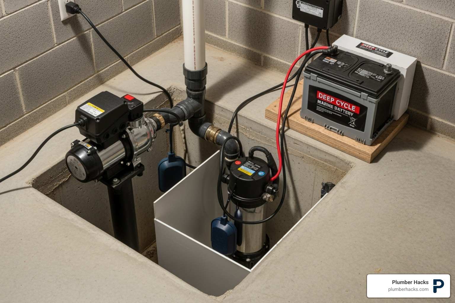 Image of a combination primary and battery backup sump pump system - Sump pump installation Columbus