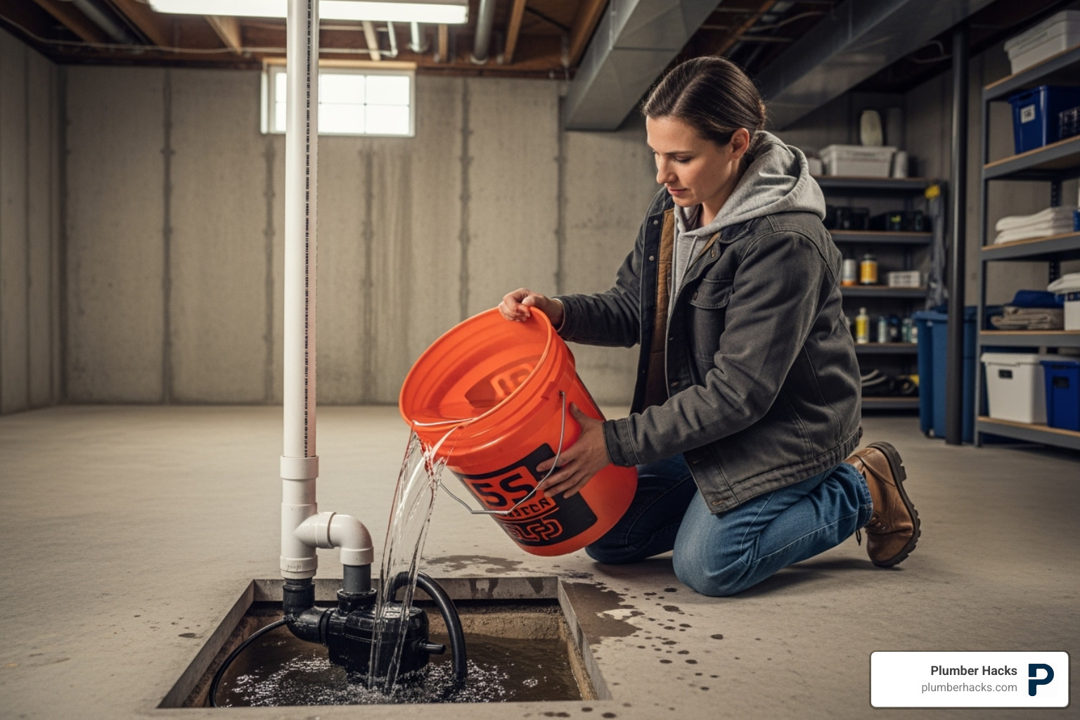 Homeowner testing sump pump with bucket of water - Sump pump installation Columbus
