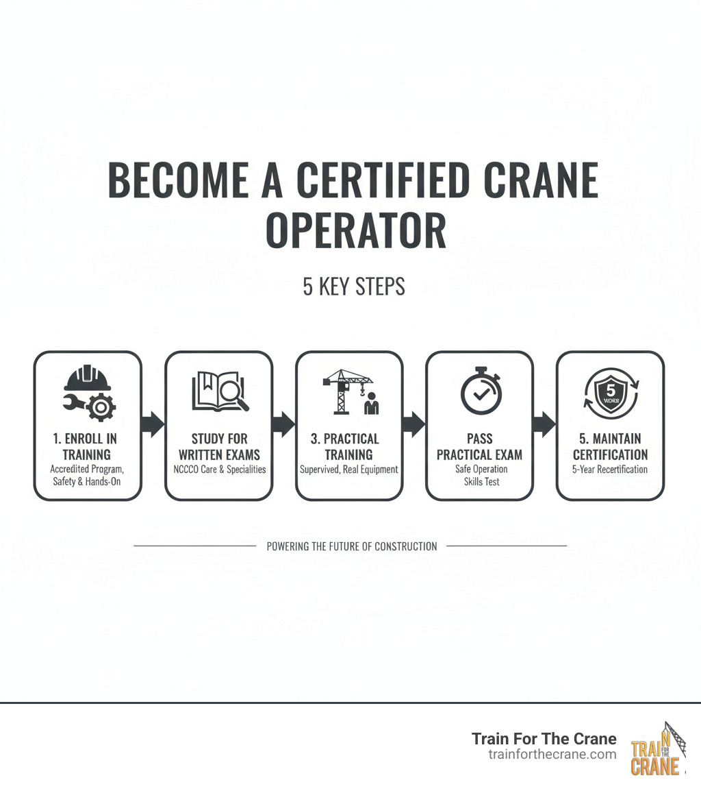 Step-by-step infographic showing the 5 key steps to becoming a certified crane operator: 1. Enroll in accredited training program with safety focus and hands-on practice, 2. Study for NCCCO written exams covering core knowledge and crane-specific specialties, 3. Complete supervised practical training with real equipment and expert instructors, 4. Pass NCCCO practical exam demonstrating safe operation skills, 5. Maintain certification through 5-year recertification cycle with continuing education - Learn crane operation infographic Step-by-step infographic showing the 5 key steps to becoming a certified crane operator: 1. Enroll in accredited training program with safety focus and hands-on practice, 2. Study for NCCCO written exams covering core knowledge and crane-specific specialties, 3. Complete supervised practical training with real equipment and expert instructors, 4. Pass NCCCO practical exam demonstrating safe operation skills, 5. Maintain certification through 5-year recertification cycle with continuing education - Learn crane operation infographic