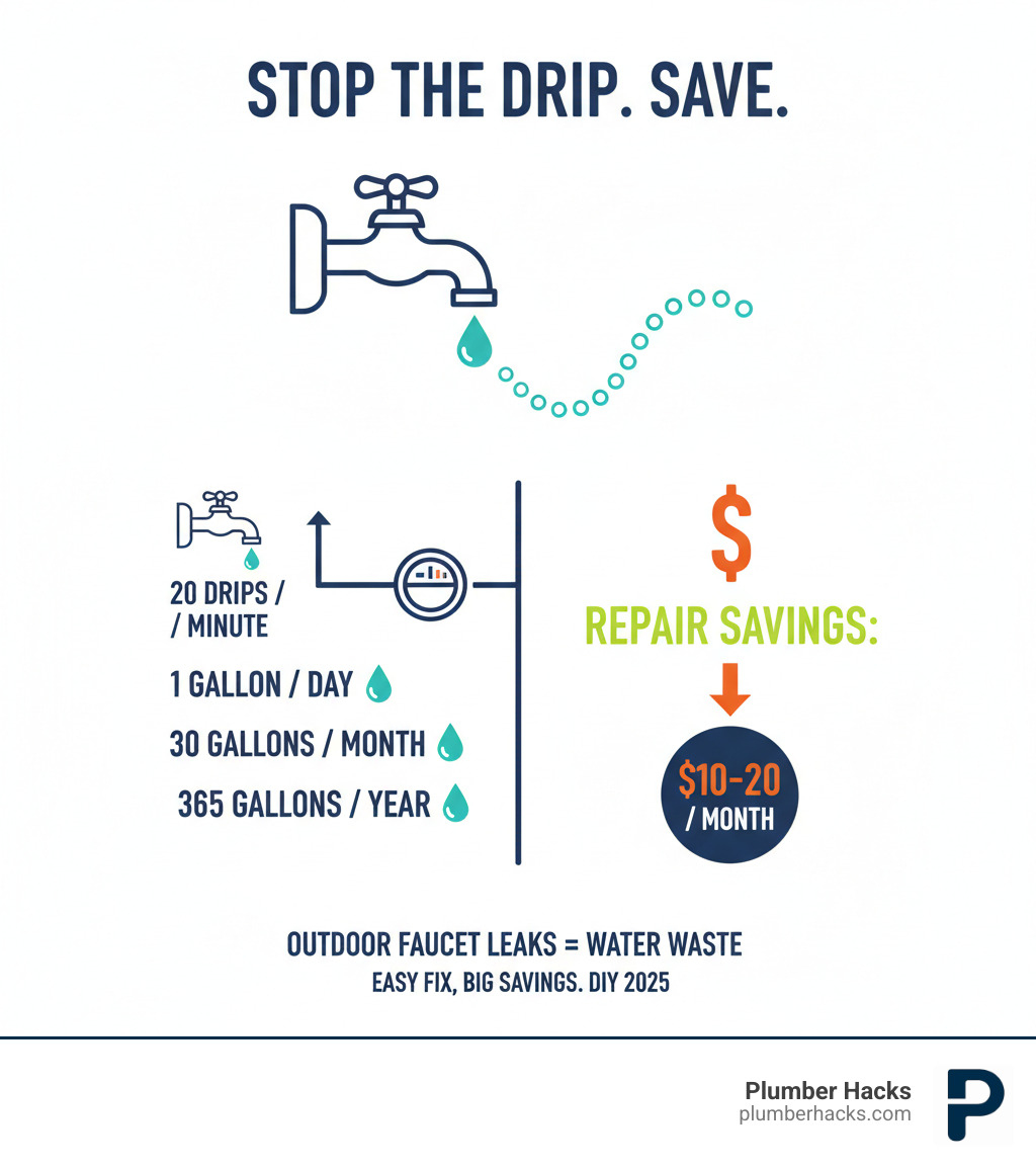 Infographic showing water waste from outdoor faucet leaks: 20 drips per minute equals 1 gallon per day, 30 gallons per month, and 365 gallons per year, with dollar amounts showing $10-20 monthly savings from repair - Outdoor faucet repair infographic 