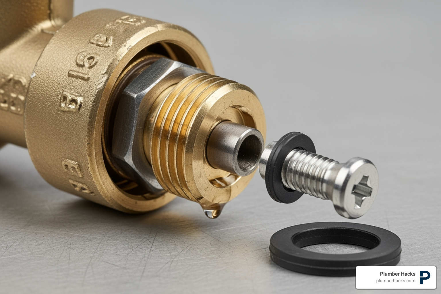 Disassembled standard faucet showing the washer - Outdoor faucet repair