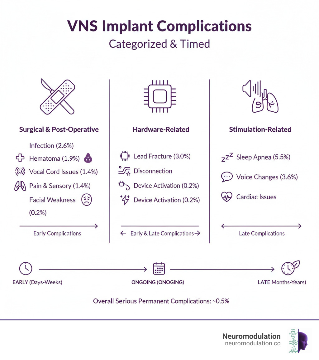 Comprehensive infographic showing VNS implant complications organized by category: surgical, hardware, and stimulation-related, with timeline showing early vs late complications - VNS implant complications infographic 