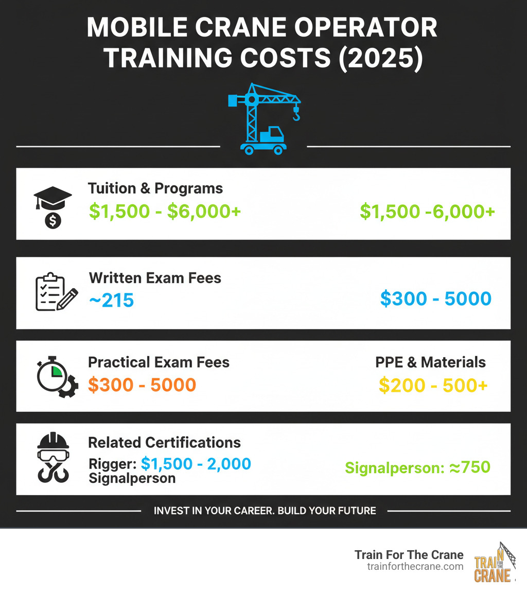 Comprehensive breakdown of mobile crane operator training costs including tuition, exam fees, certification costs, PPE expenses, and related certifications like rigger and signalperson, showing price ranges for each category - mobile crane operator course price infographic 