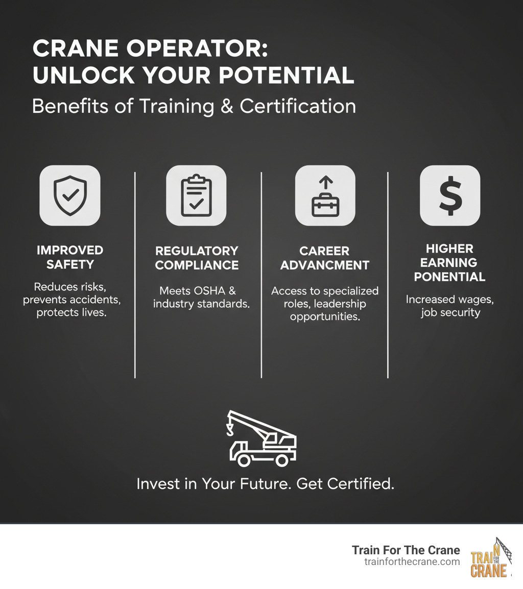 Infographic showing the benefits of formal crane operator training and certification, including improved safety, compliance, career advancement, and higher earning potential - mobile crane operator course price infographic 