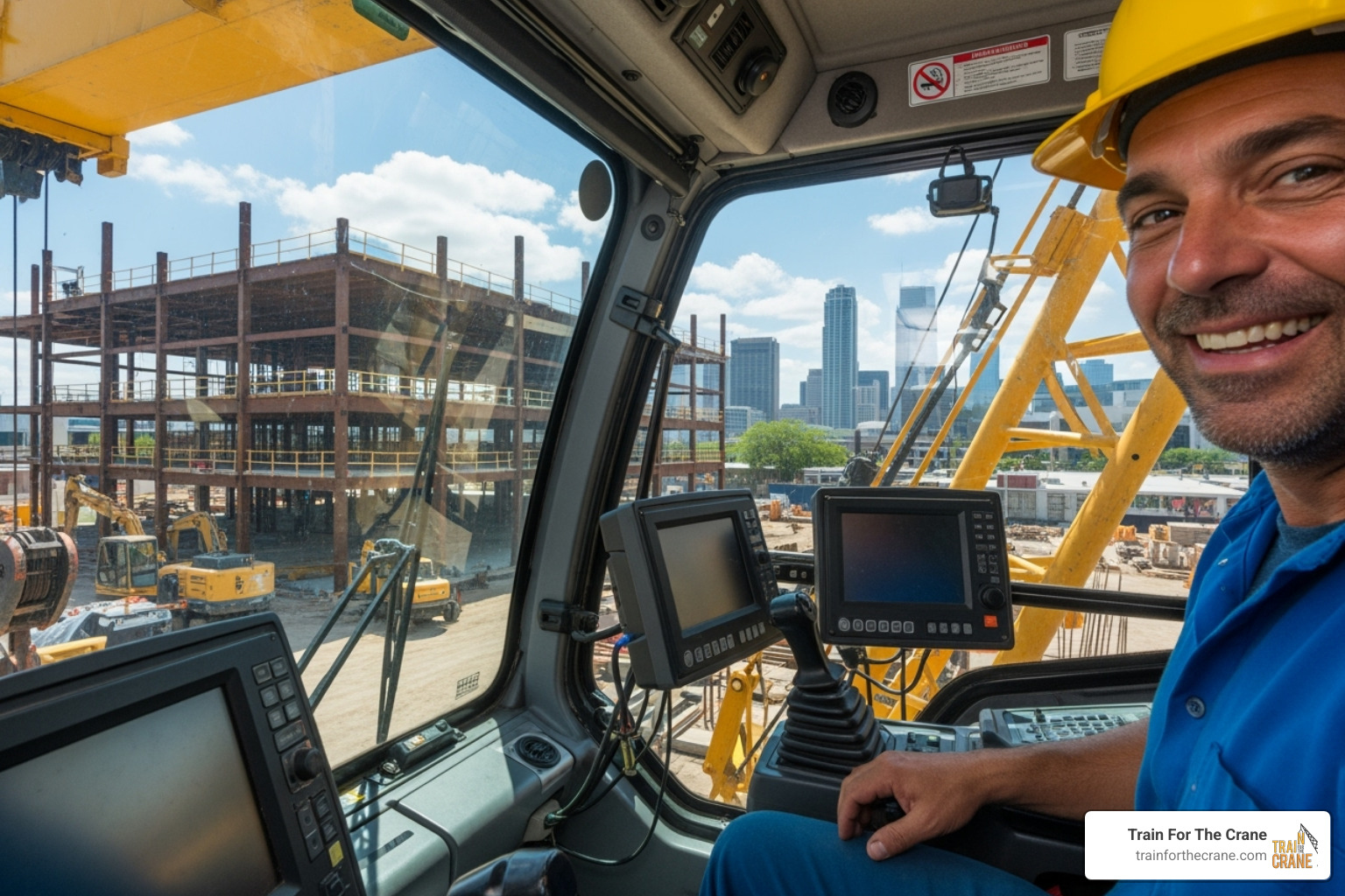 Crane operator smiling in the cab of a mobile crane - mobile crane operator course price