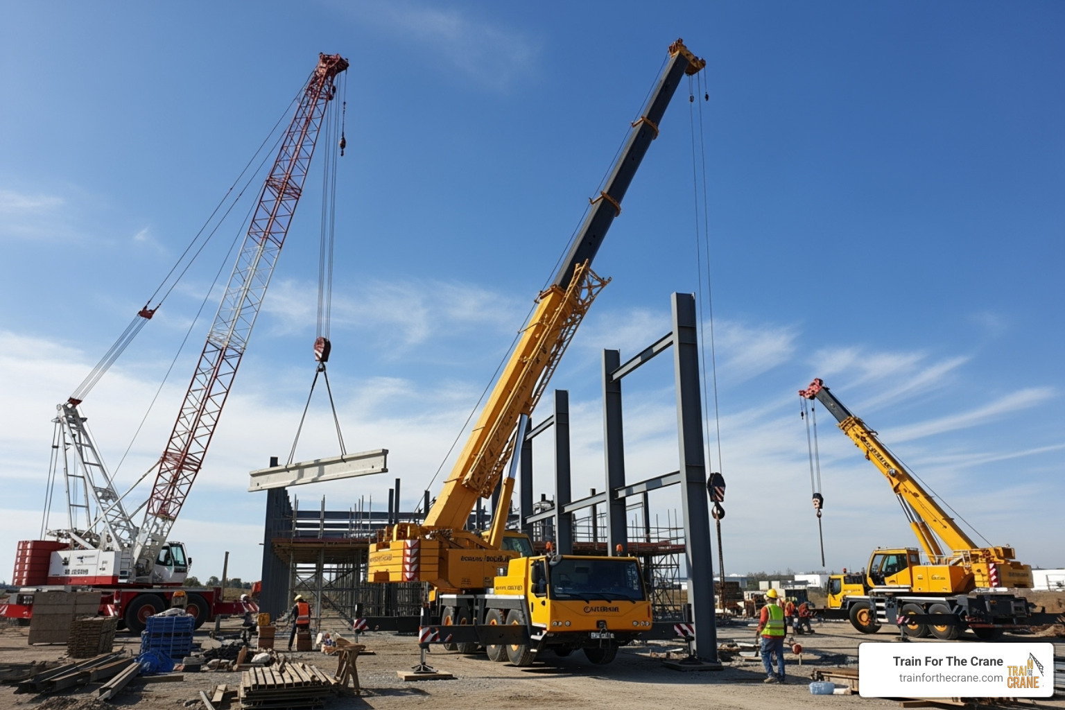 Different types of mobile cranes including telescopic, lattice, and articulating boom models - mobile crane operator course price