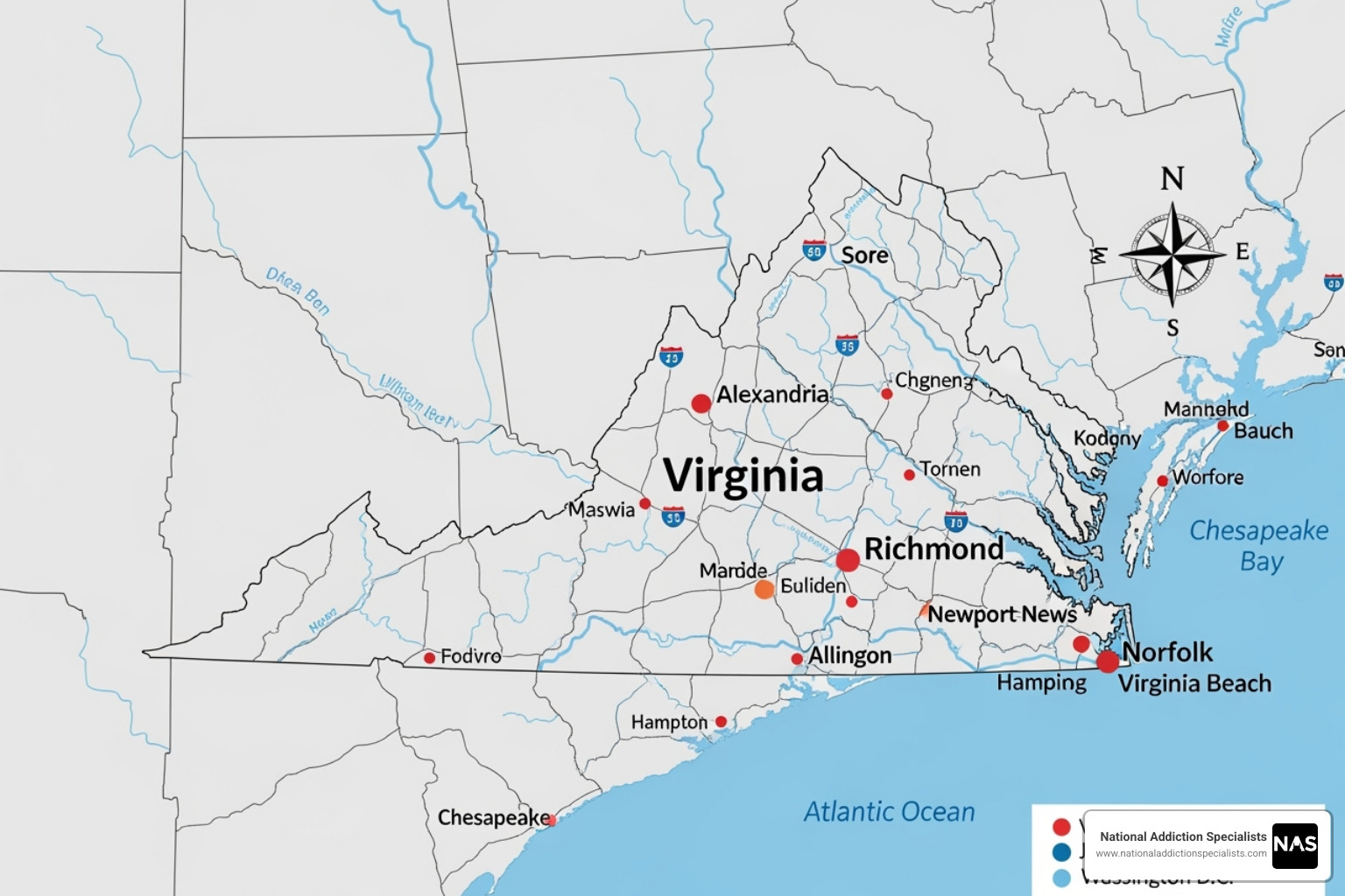 Map of Virginia highlighting major cities like Virginia Beach, Alexandria, Richmond, and Norfolk - Suboxone doctors Virginia Map of Virginia highlighting major cities like Virginia Beach, Alexandria, Richmond, and Norfolk - Suboxone doctors Virginia
