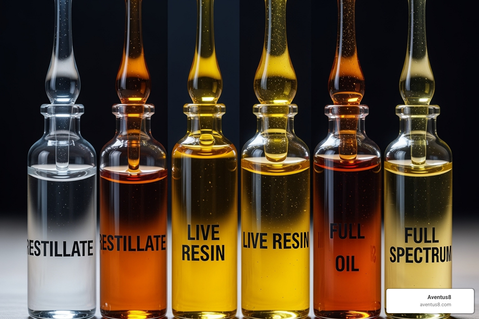 Illustration of various colors and consistencies of different THC oil types like distillate, live resin, and full-spectrum - THC cartridges Hollywood FL Illustration of various colors and consistencies of different THC oil types like distillate, live resin, and full-spectrum - THC cartridges Hollywood FL