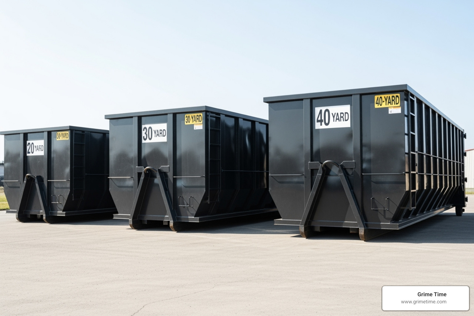 20, 30, and 40-yard dumpsters lined up for size comparison - rent a big dumpster 20, 30, and 40-yard dumpsters lined up for size comparison - rent a big dumpster