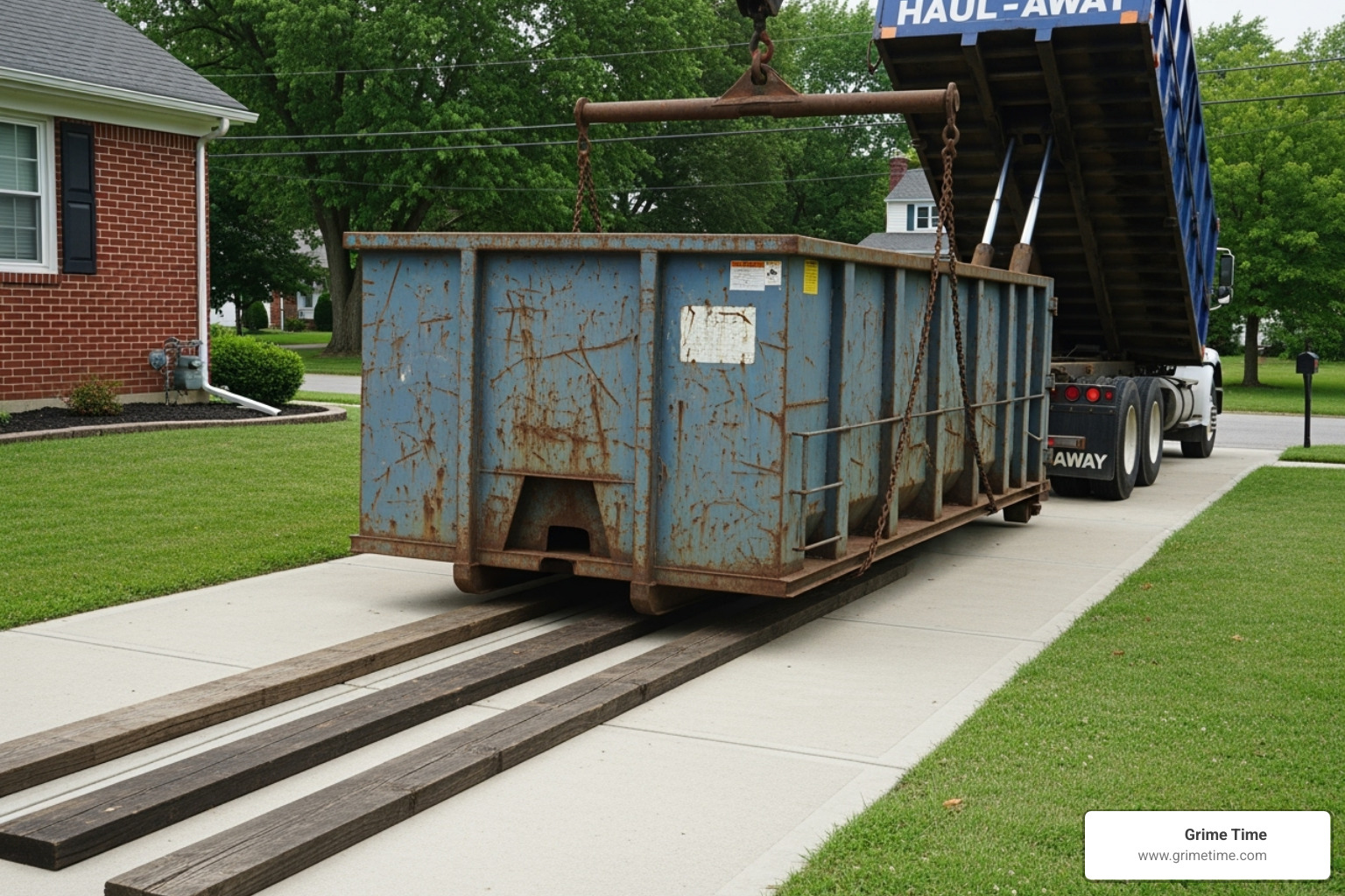 dumpster being carefully placed on wooden planks to protect a driveway - rent a big dumpster dumpster being carefully placed on wooden planks to protect a driveway - rent a big dumpster