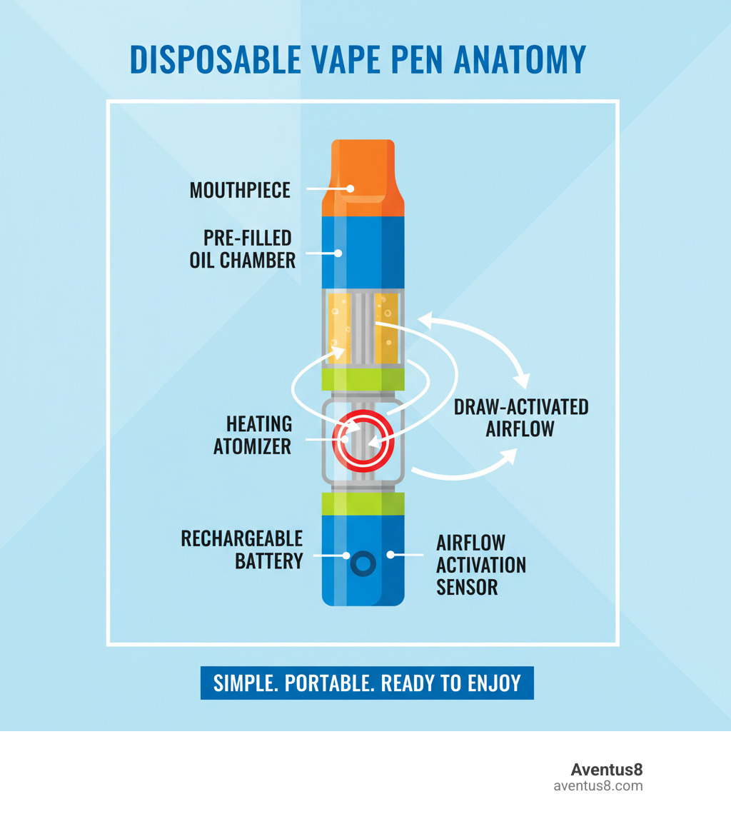 Infographic showing the anatomy of a disposable THC vape pen with three labeled components: rechargeable battery at the bottom, heating atomizer in the middle, and pre-filled oil chamber at the top, with arrows indicating airflow from mouthpiece to battery activation - THC disposable vapes Hollywood FL infographic  Infographic showing the anatomy of a disposable THC vape pen with three labeled components: rechargeable battery at the bottom, heating atomizer in the middle, and pre-filled oil chamber at the top, with arrows indicating airflow from mouthpiece to battery activation - THC disposable vapes Hollywood FL infographic