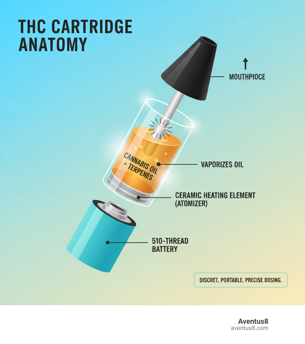 Infographic showing THC cartridge anatomy: a 510-thread battery at the bottom connects to a glass cartridge containing cannabis oil and terpenes, with a ceramic heating element (atomizer) that vaporizes the oil when activated, topped by a mouthpiece for inhalation - THC cartridges Hollywood FL infographic  Infographic showing THC cartridge anatomy: a 510-thread battery at the bottom connects to a glass cartridge containing cannabis oil and terpenes, with a ceramic heating element (atomizer) that vaporizes the oil when activated, topped by a mouthpiece for inhalation - THC cartridges Hollywood FL infographic