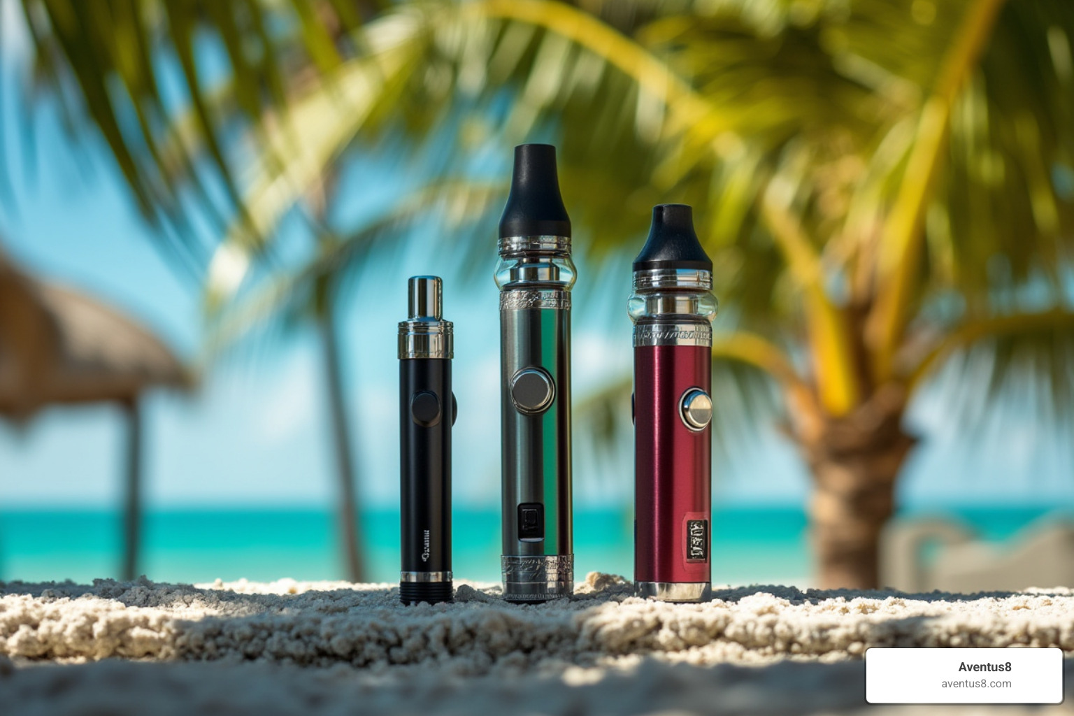 Three different styled vape pens against a vibrant, sunny Florida backdrop - THC disposable vapes Hollywood FL Three different styled vape pens against a vibrant, sunny Florida backdrop - THC disposable vapes Hollywood FL