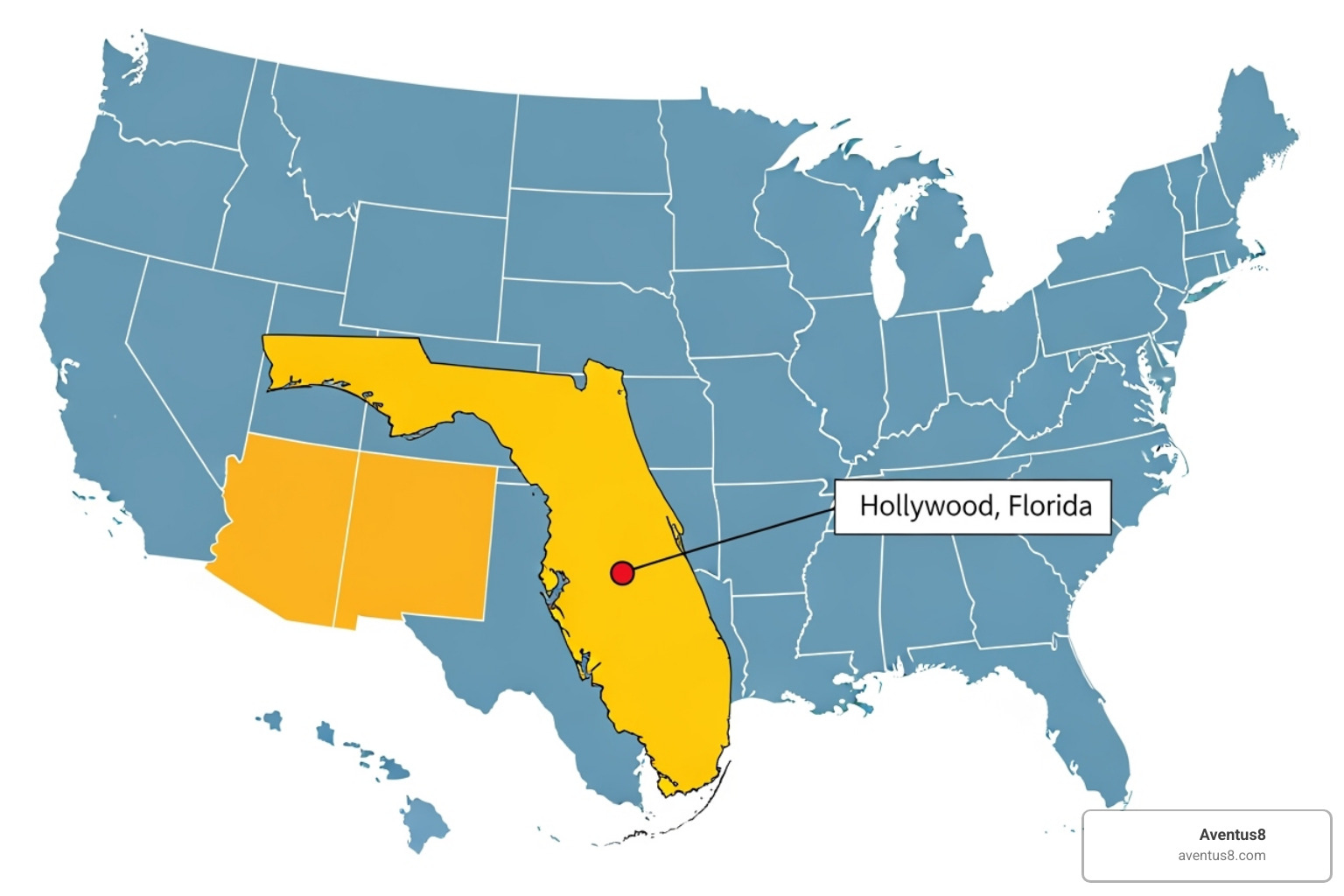 image of a map of the USA with Florida and Hollywood highlighted, indicating legal shipping zones. - Discreet weed shipping