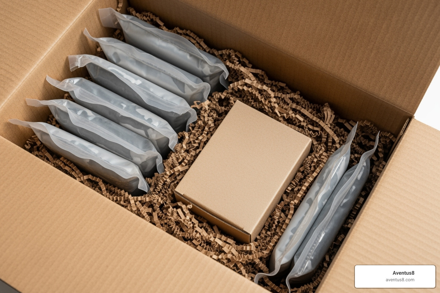image of the inside of a shipping box, showing vacuum-sealed Aventus8 products, crinkle paper, and a plain inner box. - Discreet weed shipping