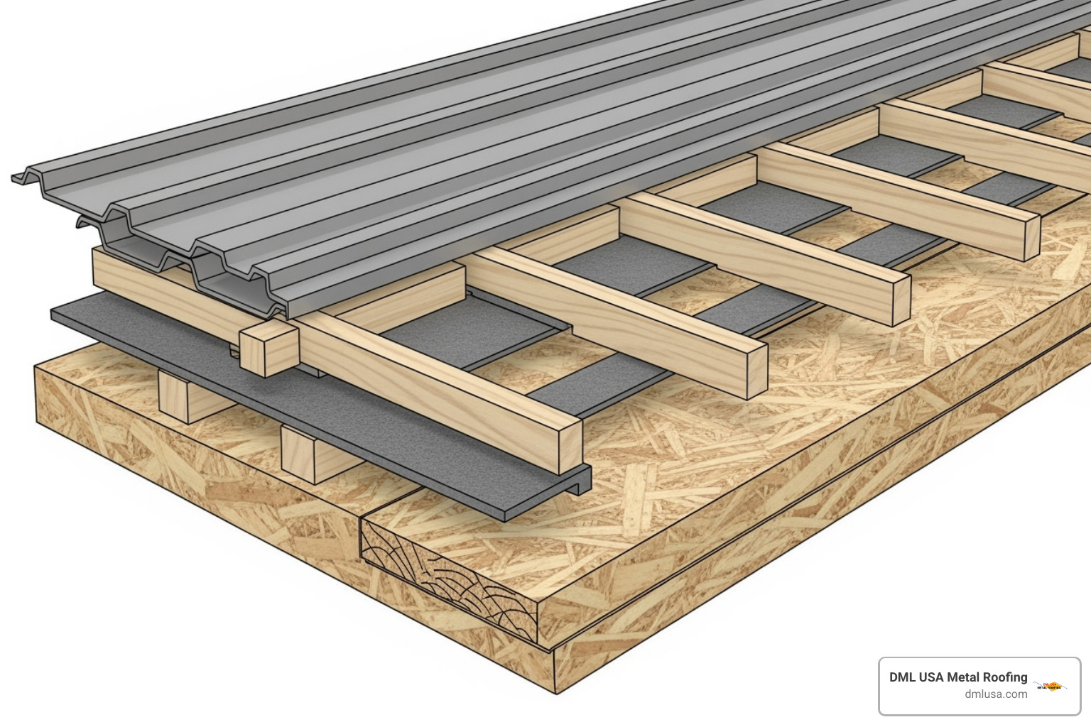 Illustration showing the layers of a properly installed metal roof system, including underlayment, decking, and furring strips - replacing shingle roof with metal Illustration showing the layers of a properly installed metal roof system, including underlayment, decking, and furring strips - replacing shingle roof with metal