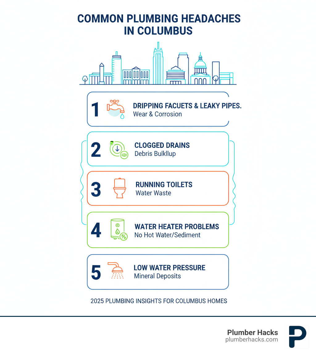 Infographic showing the top 5 most common residential plumbing issues: 1. Dripping faucets and leaky pipes from wear and corrosion, 2. Clogged drains and slow drainage from debris buildup, 3. Running toilets wasting water, 4. Water heater problems including no hot water and sediment buildup, 5. Low water pressure from mineral deposits in fixtures - Local plumbing Columbus infographic 