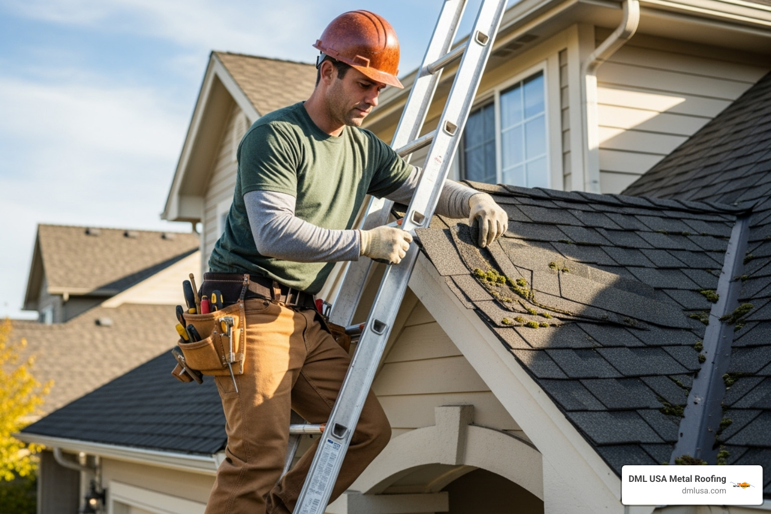 Contractor inspecting an old shingle roof before an overlay - replacing shingle roof with metal Contractor inspecting an old shingle roof before an overlay - replacing shingle roof with metal