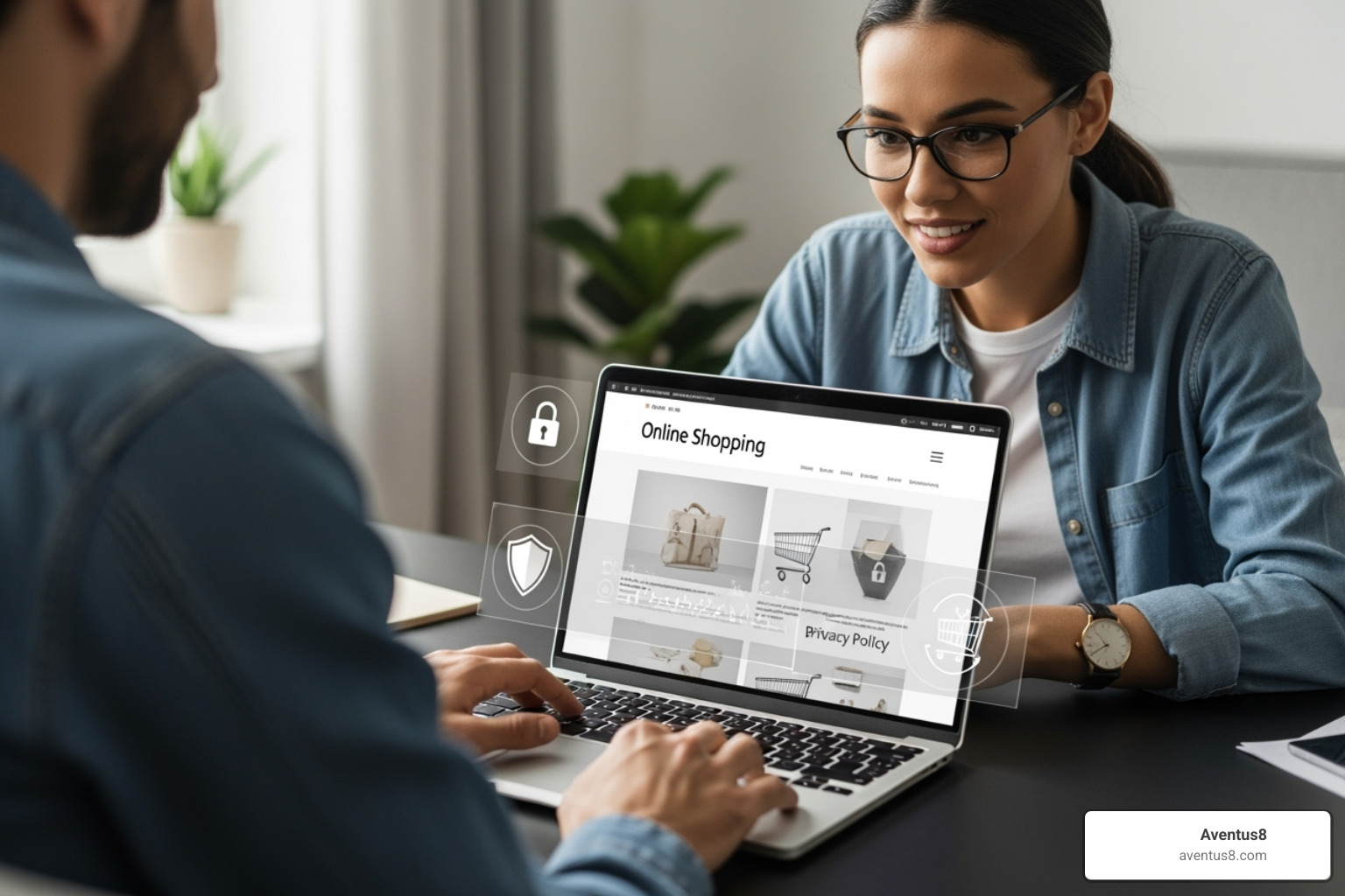 image of a person on a laptop browsing the Aventus8 online dispensary, with a focus on security icons and privacy policies. - Discreet weed shipping