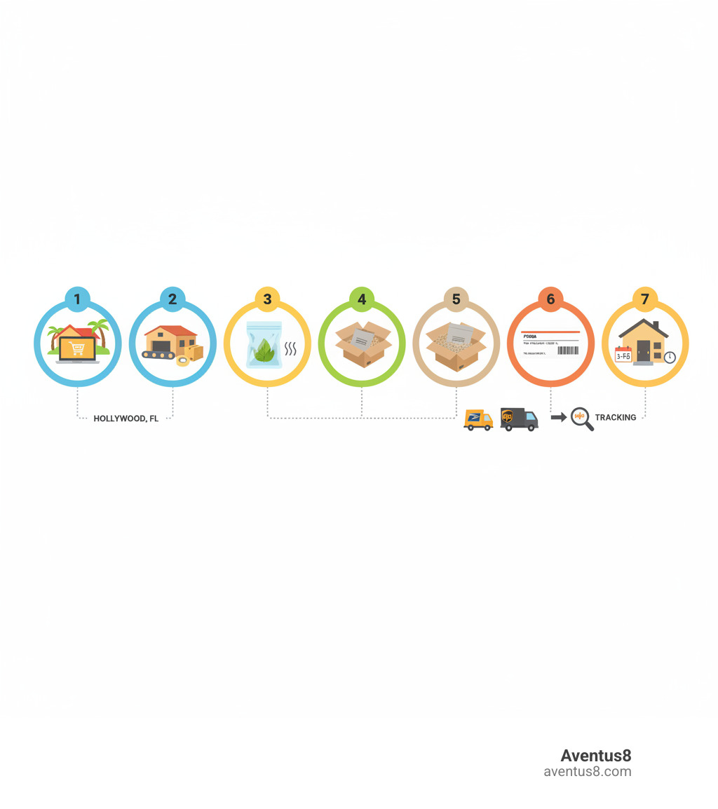 Infographic showing the journey of a discreetly packaged Aventus8 order: Step 1 - Customer places order online from Hollywood, FL home; Step 2 - Order processed at fulfillment center with plain packaging materials; Step 3 - Product vacuum-sealed in odor-proof bag; Step 4 - Placed in plain box with crinkle paper, no branding; Step 5 - Generic shipping label applied with fulfillment center return address; Step 6 - Shipped via USPS or UPS with tracking; Step 7 - Delivered to Hollywood, FL doorstep in 3-5 days in unmarked package - Discreet weed shipping infographic 