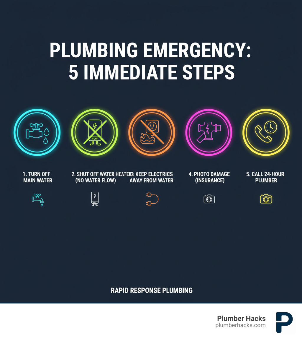Infographic showing 5 immediate emergency steps: 1. Turn off main water valve to stop flooding 2. Shut off water heater if no water flow 3. Keep electrical appliances away from water 4. Take photos of damage for insurance 5. Call licensed 24-hour plumber immediately - 24 hour plumbing repair near me infographic 