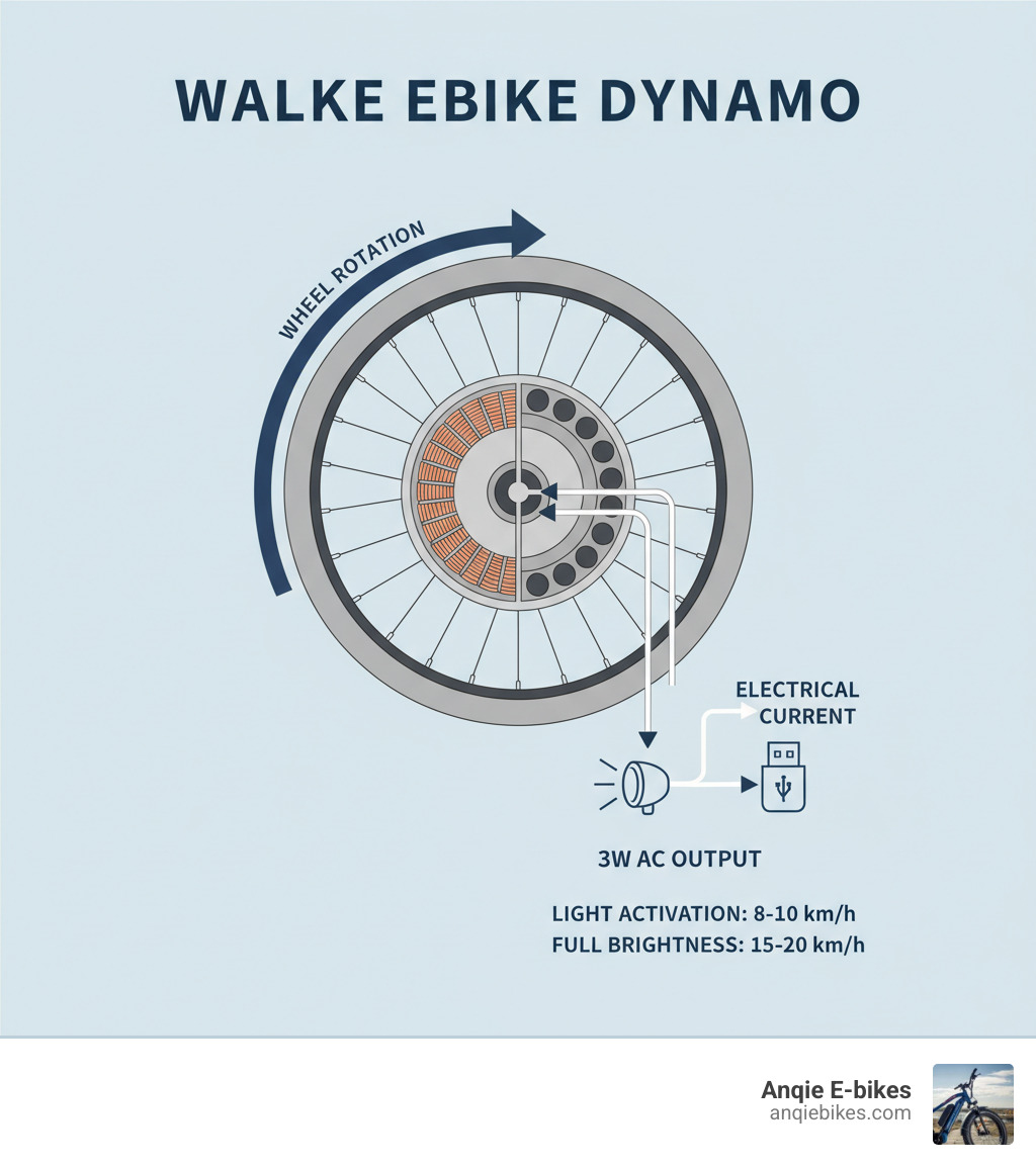 Infographic showing a cross-section of a dynamo hub with magnets and coils, arrows indicating wheel rotation converting to electrical current flowing through wires to a headlight and USB charger, with labels for 3W AC output, speed threshold of 8-10 km/h for light activation, and 15-20 km/h for full brightness - wallke ebike dyanamo infographic 