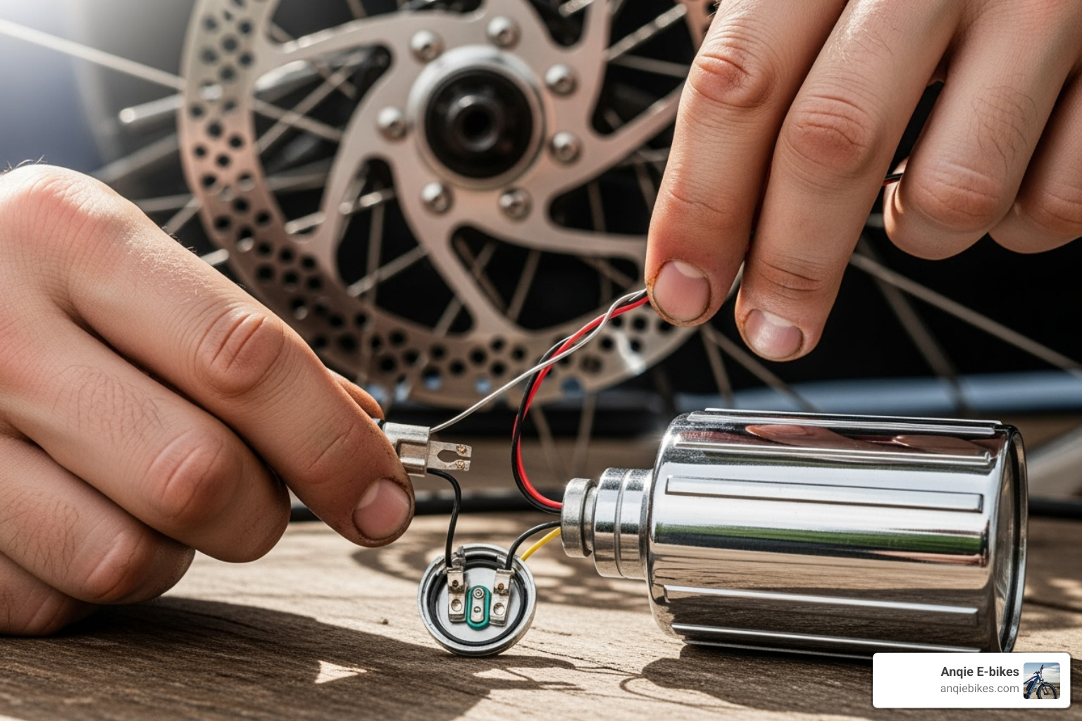 hands carefully wiring a dynamo headlight to a hub connector - wallke ebike dyanamo