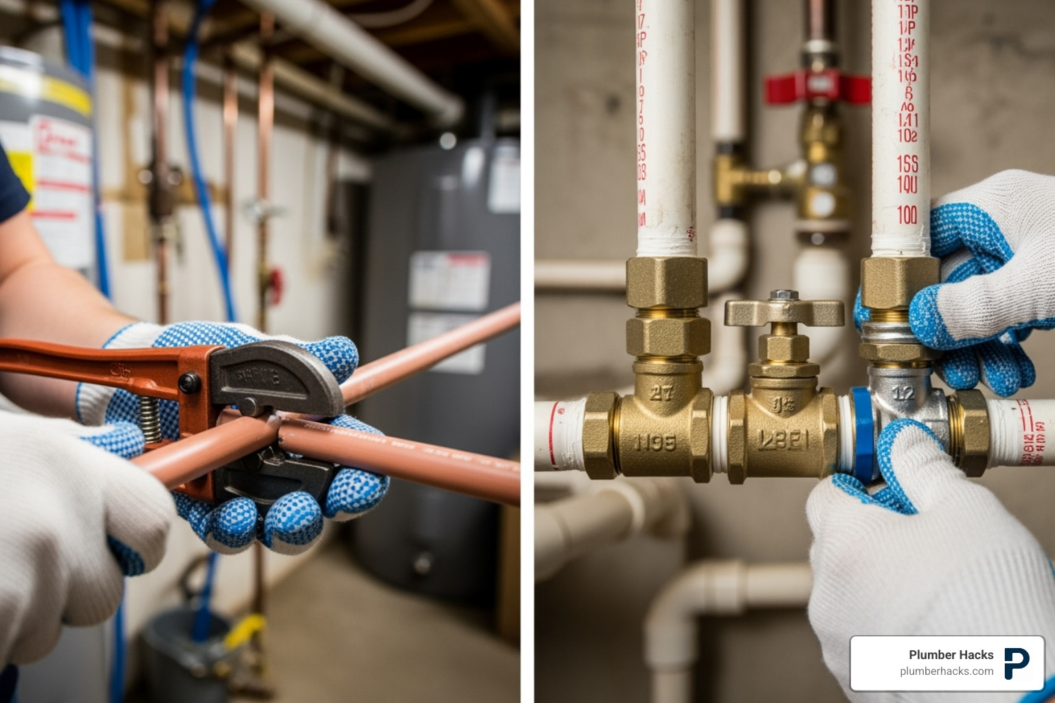 pipe being cut and bypass valve being fitted - water softener installation