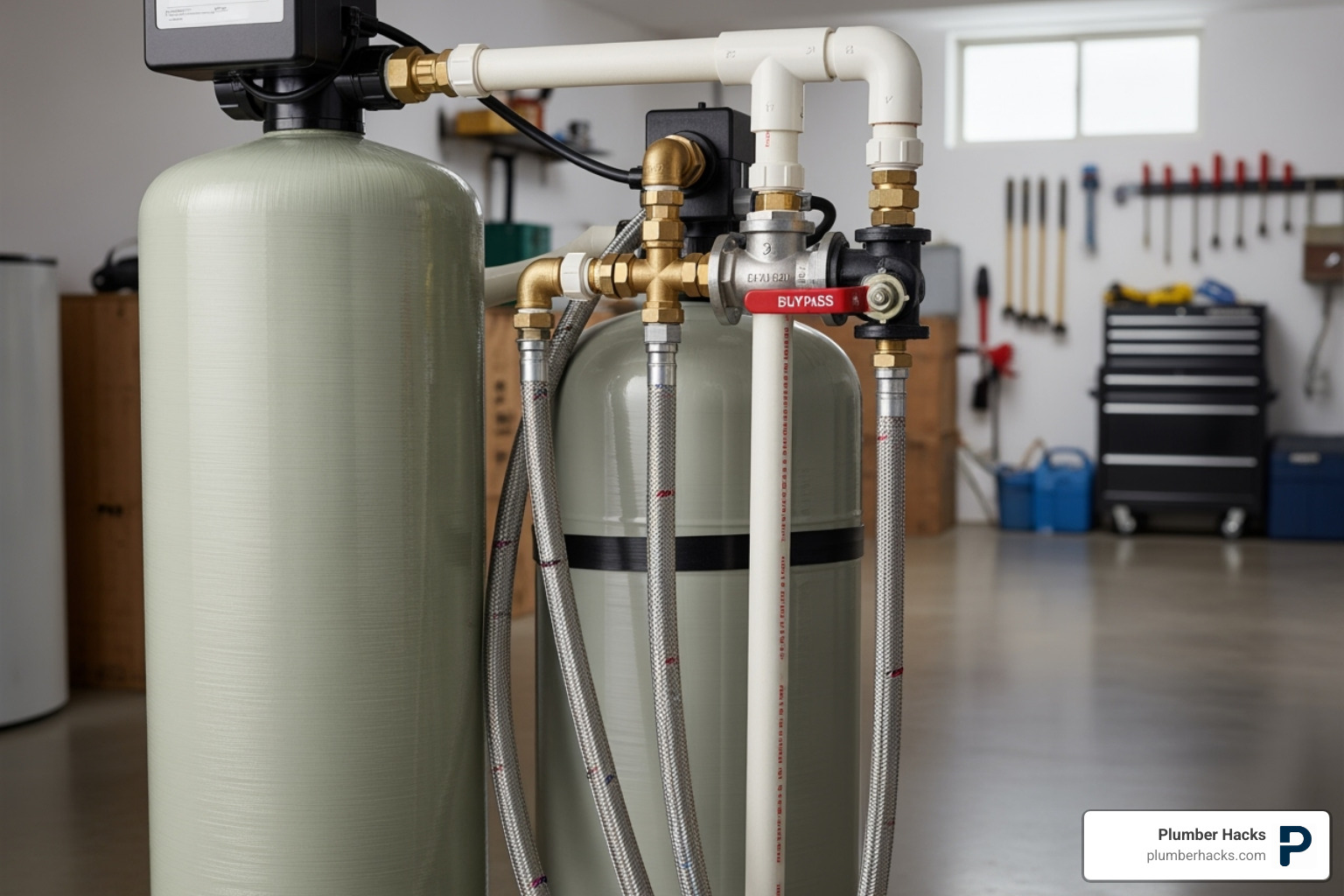 flexible hoses connected to bypass valve and softener - water softener installation