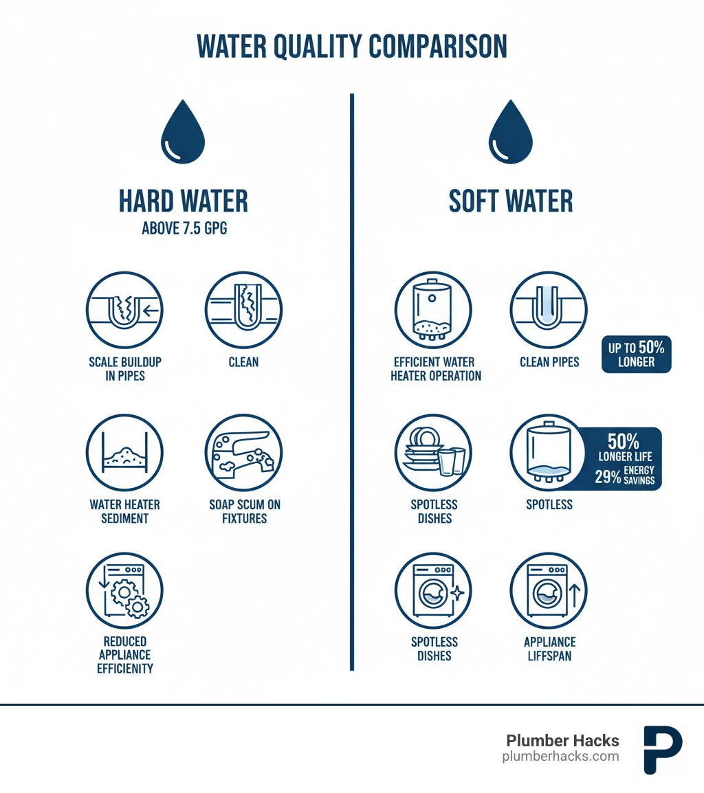 Infographic showing hard water effects versus soft water benefits: On left side, hard water (above 7.5 GPG) causing scale buildup in pipes, water heater sediment accumulation, soap scum on fixtures, and reduced appliance efficiency; On right side, soft water showing clean pipes, efficient water heater operation, spotless dishes, and extended appliance lifespan with 50% longer water heater life and 29% energy savings - water softener installation infographic 