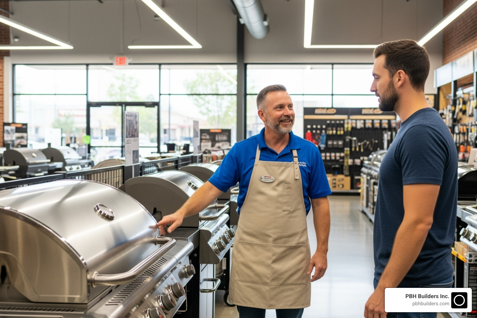 A friendly store expert demonstrating a grill feature to a customer - bbq stores near me