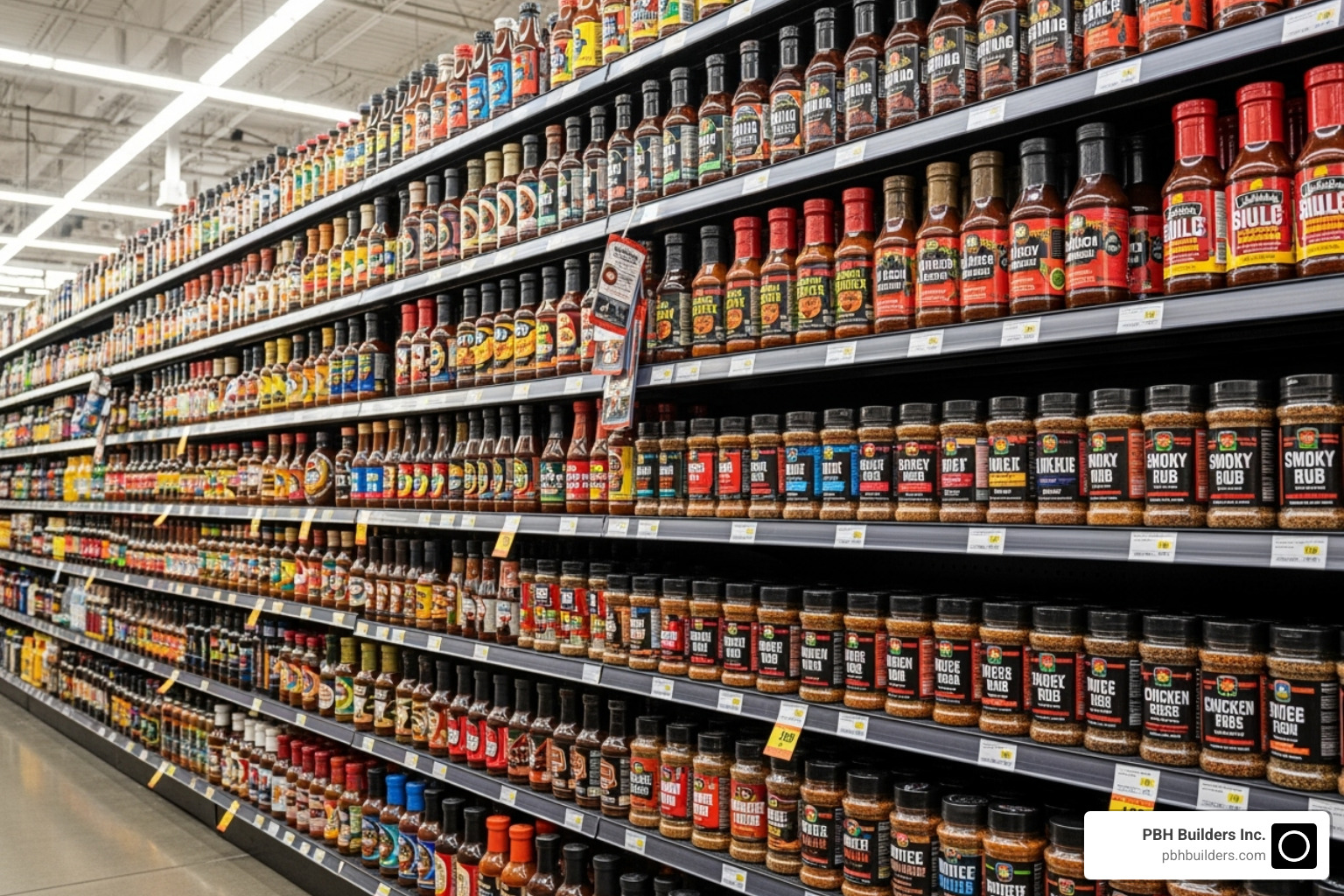 A well-stocked BBQ store aisle filled with a variety of colorful sauces and rubs - bbq stores near me