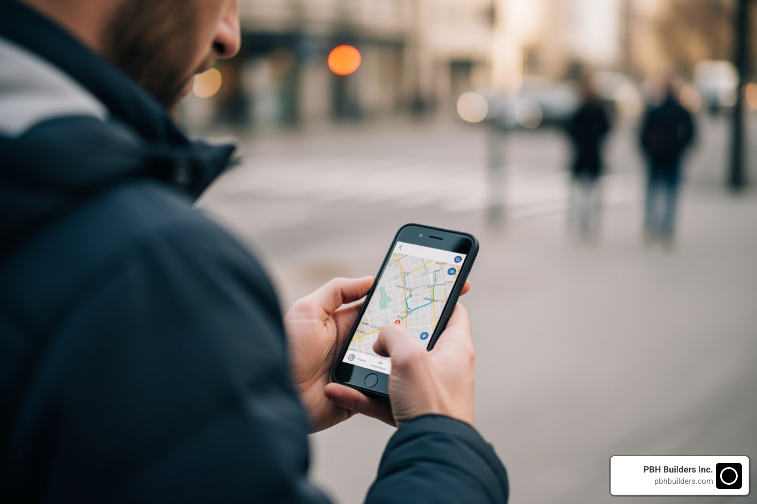 A person using a smartphone map application to find local stores - bbq stores near me