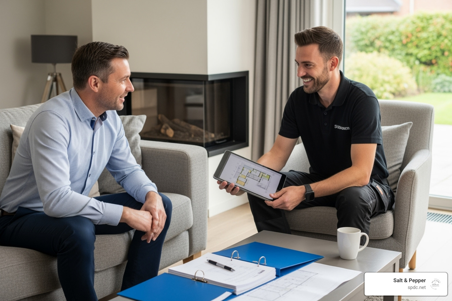 A homeowner having a professional, positive meeting with a potential contractor - finding a builder to renovate A homeowner having a professional, positive meeting with a potential contractor - finding a builder to renovate
