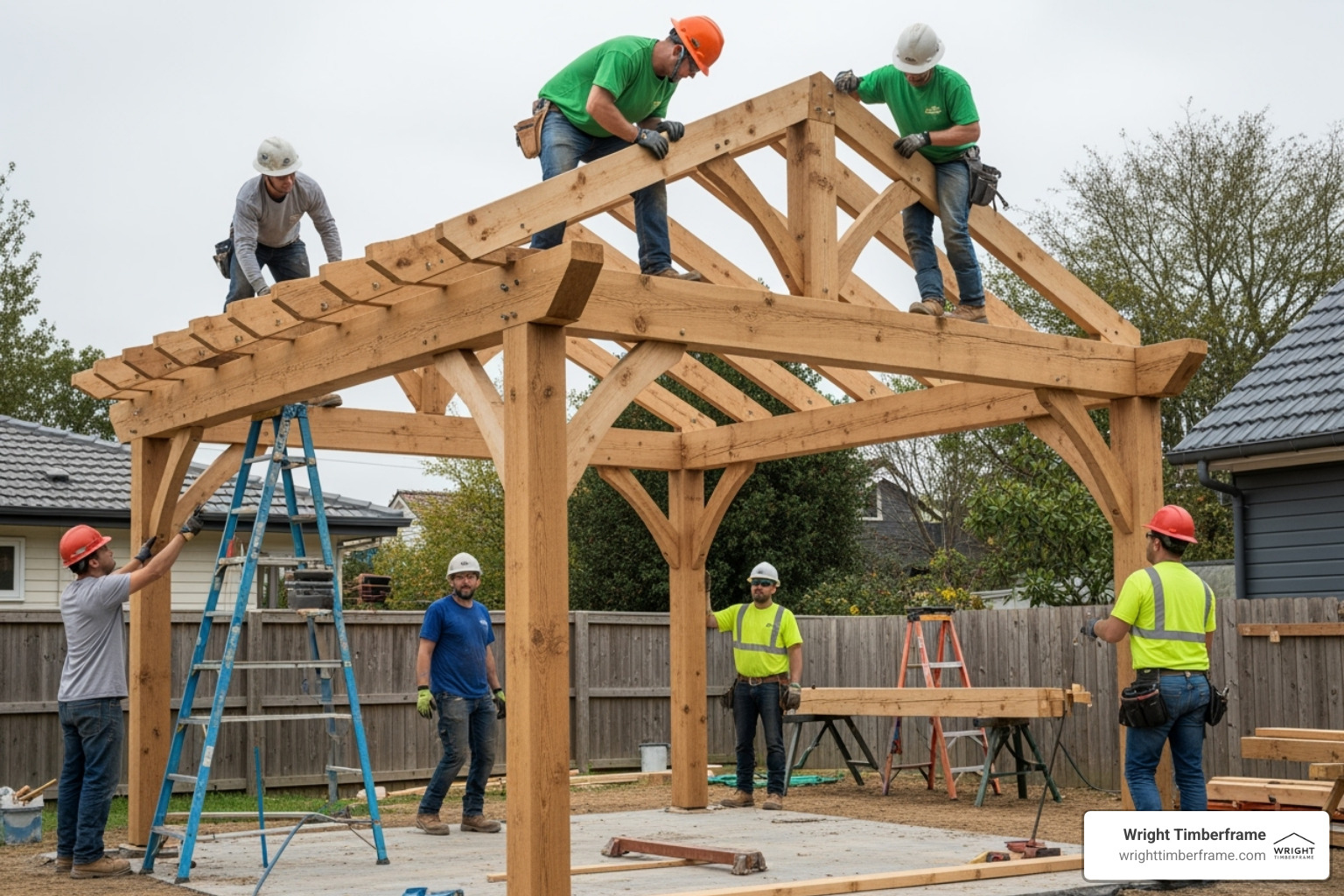 team professionally installing a large timber frame pergola - how much does it cost to build a freestanding pergola team professionally installing a large timber frame pergola - how much does it cost to build a freestanding pergola